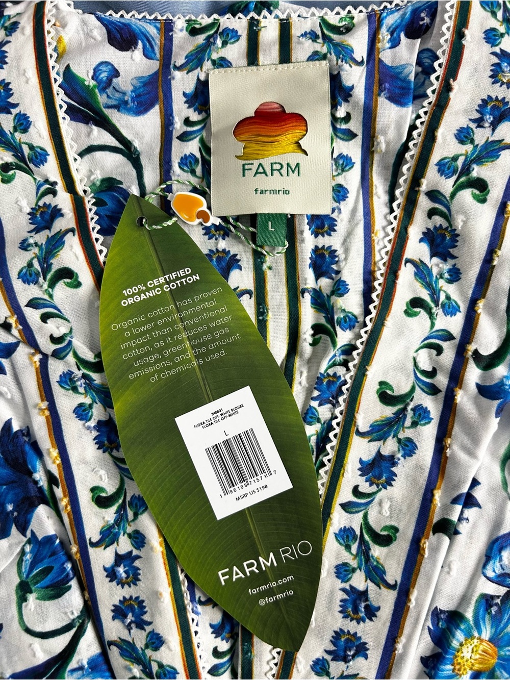NWT Farm Rio Off-White Flora Tile Smocked Blouse, size Large - Picture 5 of 6